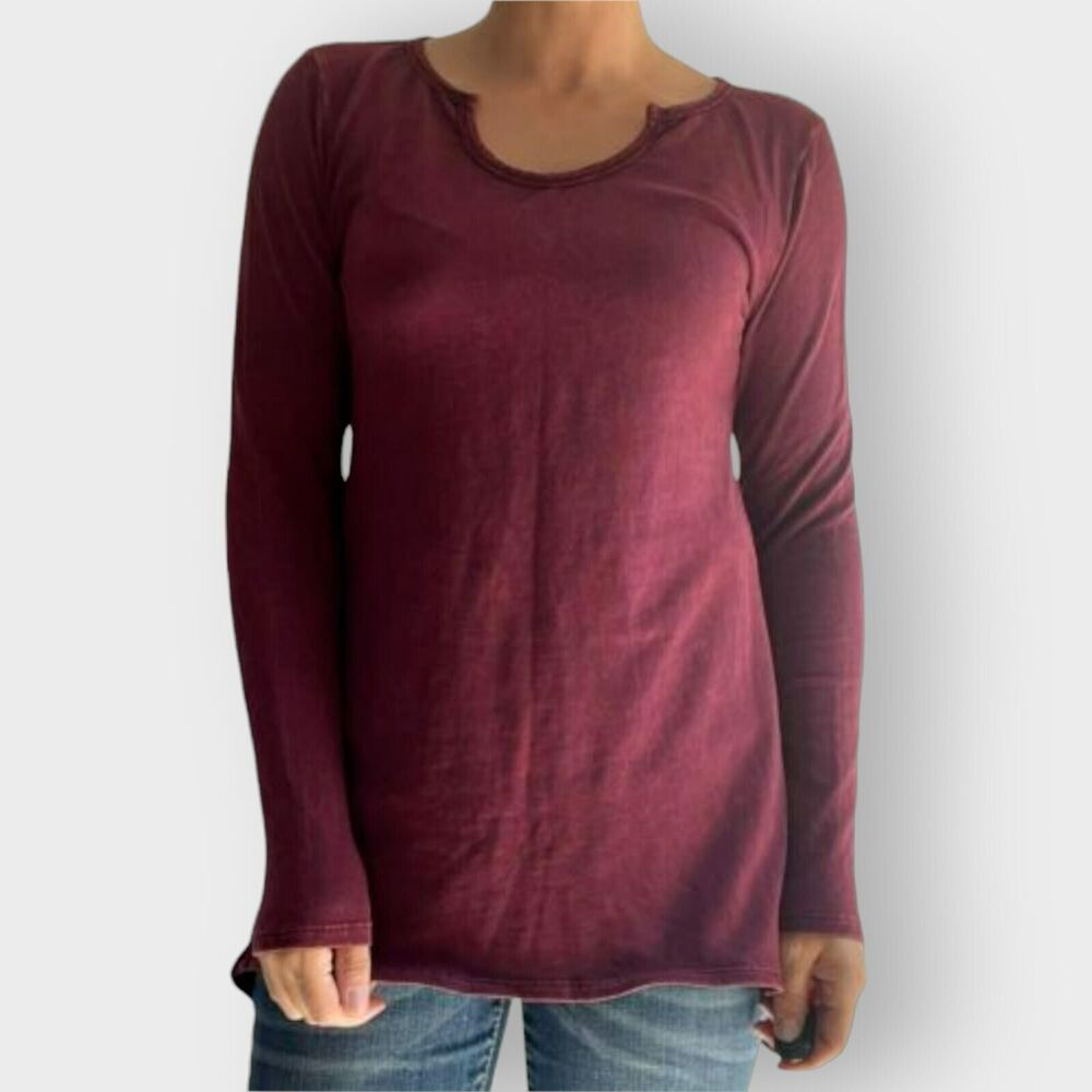 Barbara Lesser Tunic Top Long Sleeves Dyed Cotton Burgundy Casual Comfy Size XS